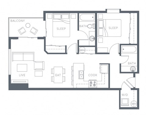 Floor plan for 2 beds, 2 baths, 880 sqft